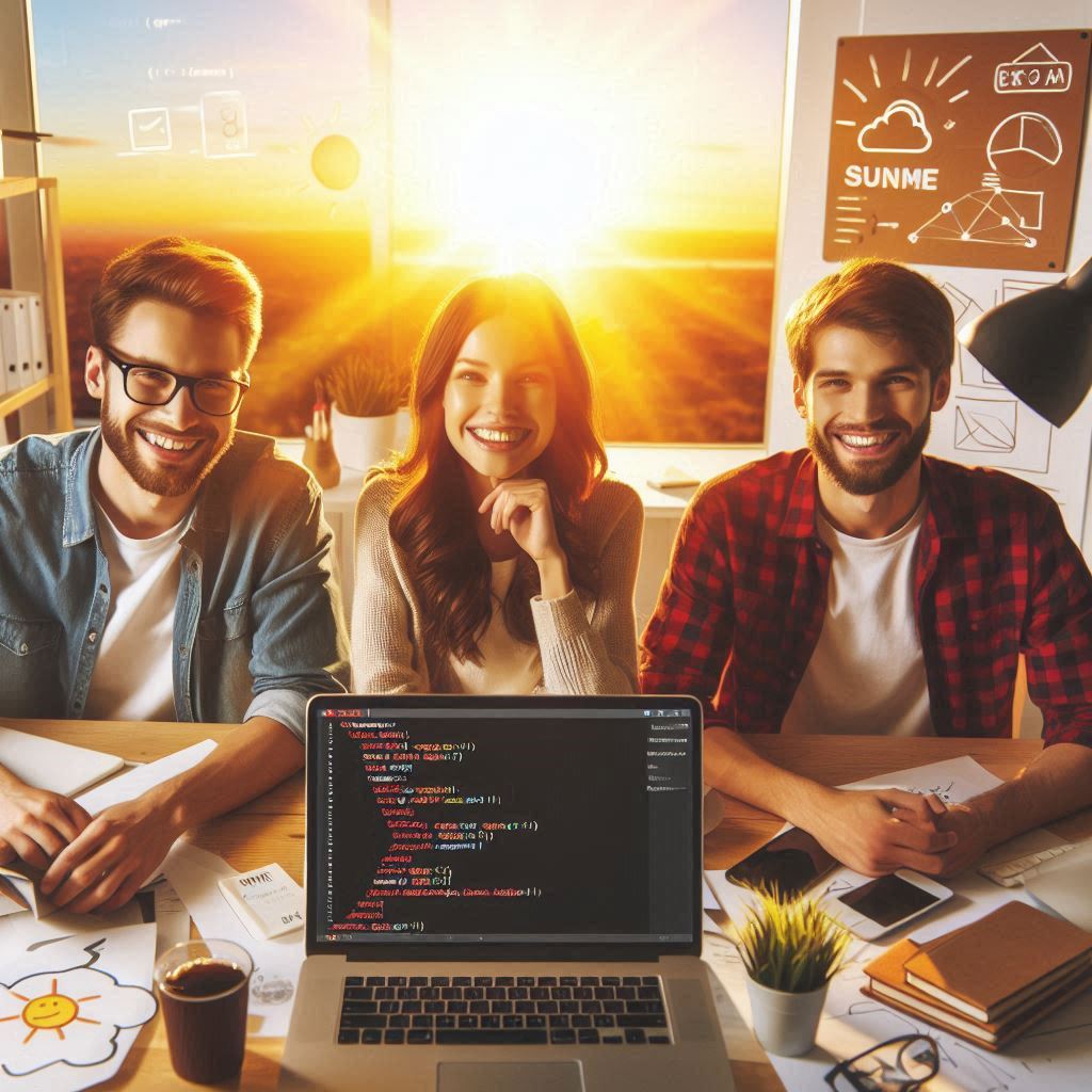 Programadores felices trabajando por la tarde